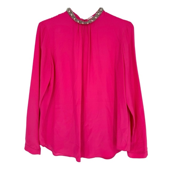 Amanda Uprichard Large Silk Jeweled Collar Blouse Pink Pearl Rhinestone Holiday - Picture 1 of 7